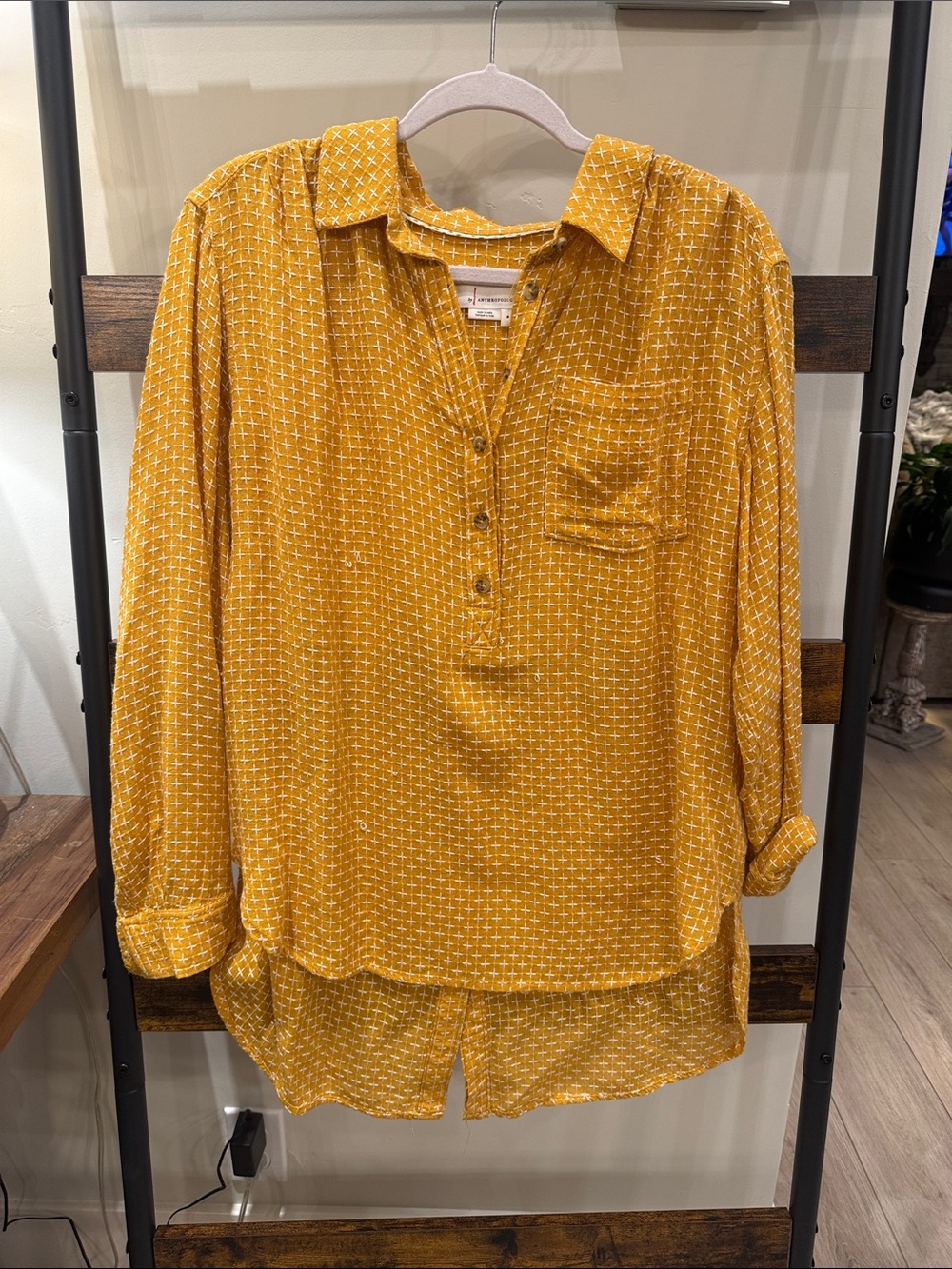 Anthropologie Mustard Yellow Printed Pullover Henley